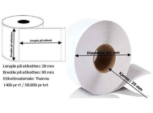 Termoetikett 90x28 mm TermoEco 1400 stk./rull | 25 mm kjerne 